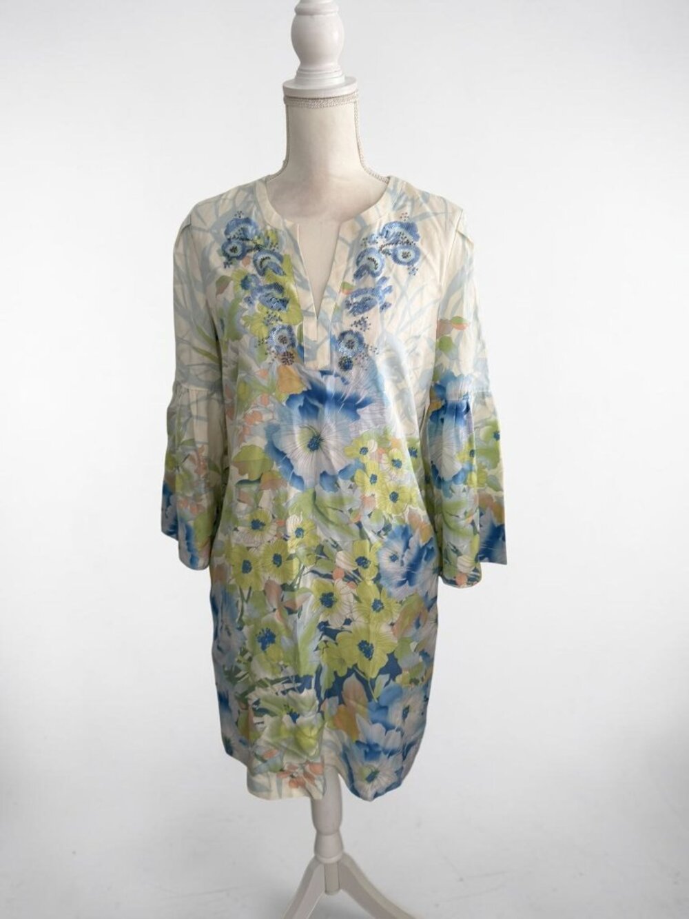 ROBERT GRAHAM Silk Blend Floral Bell Sleeve Dress Size Medium